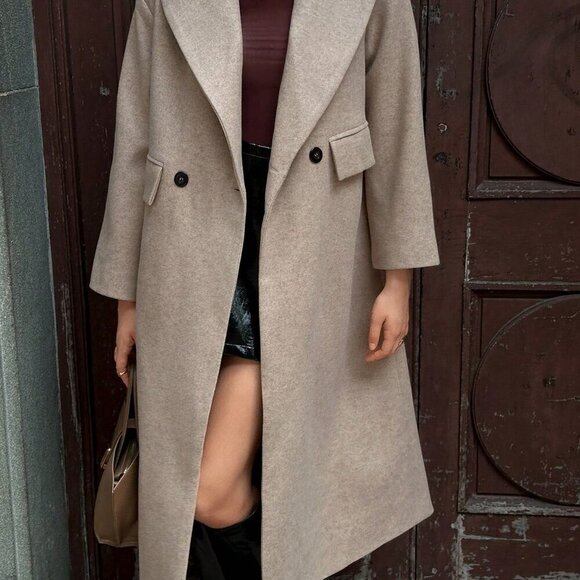 Khaki Casual Women's Lapel Long Coat - Picture 6 of 8